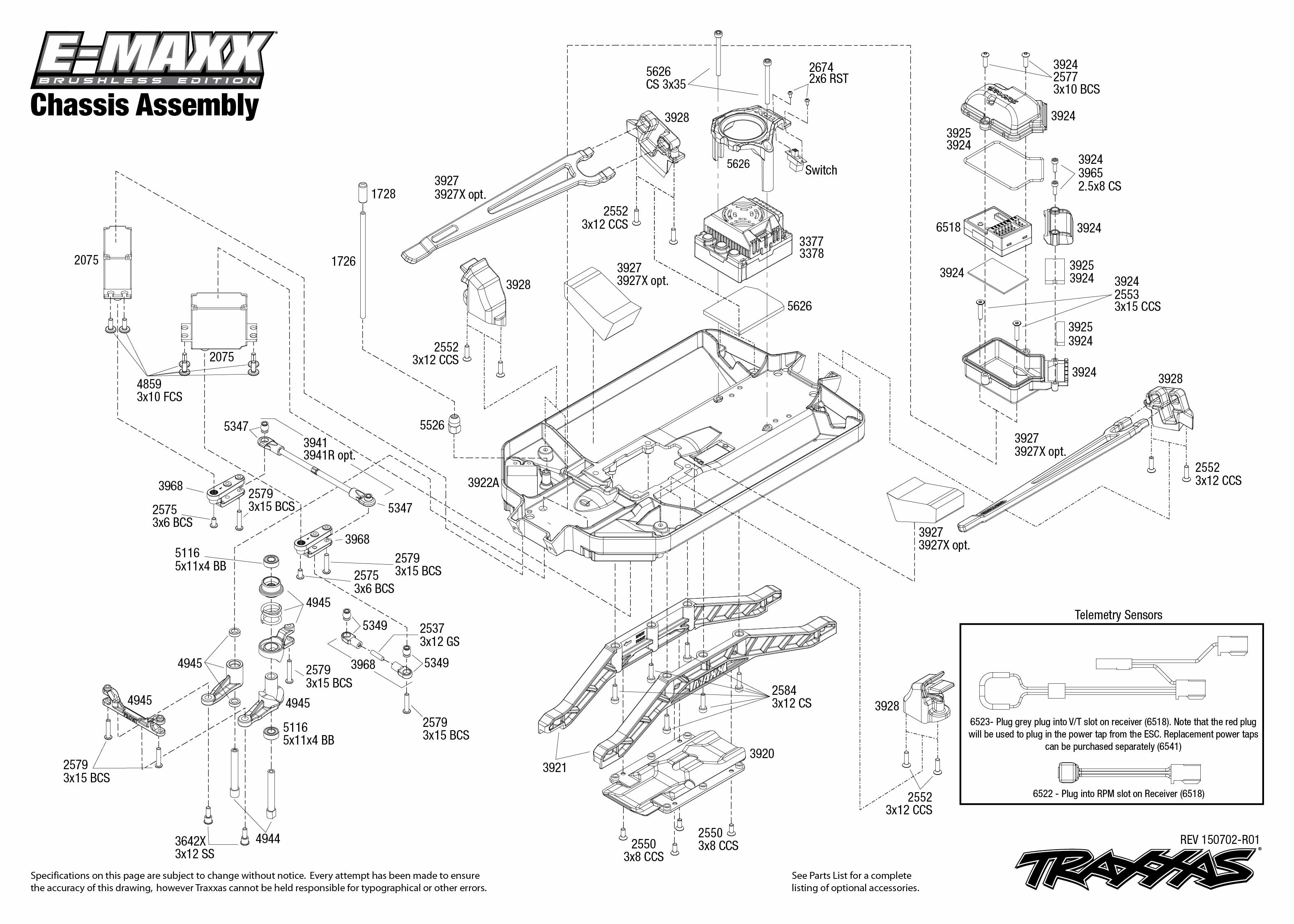 TRA39087-1 Схема шасси и запчасти E-Maxx Brushless 1:10 4WD TQi Bluetooth M...