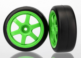 TRAXXAS запчасти Tires and wheels, assembled, glued (Volk Racing TE37 green wheels, 1.9 Gymkhana slick tires) (2)