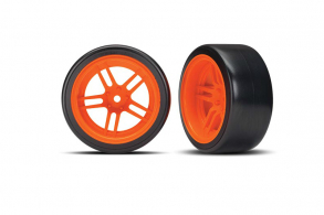 TRAXXAS запчасти Tires and wheels, assembled, glued (split-spoke orange wheels, 1.9" Drift tires) (rear)